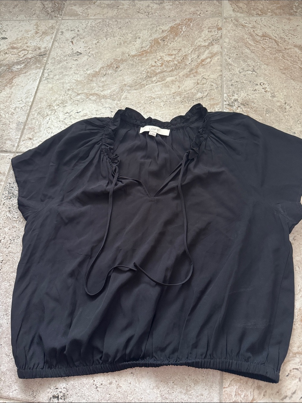 LOFT Black Short-Sleeve Tie-Neck Peasant Blouse